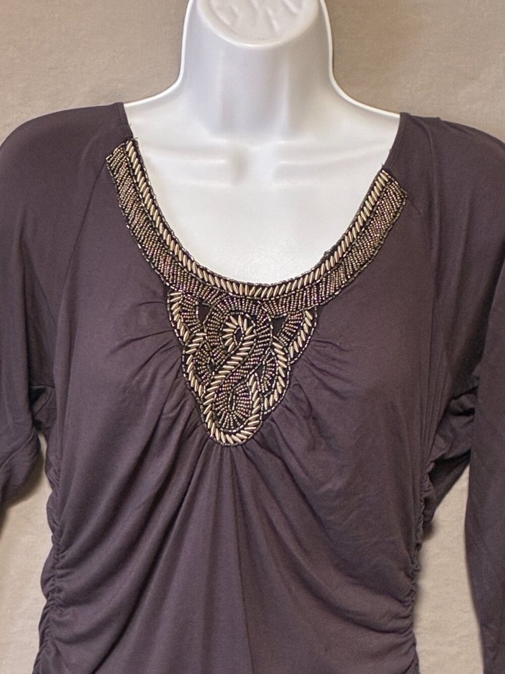 BOSTON PROPER Top Dress Large Gray Beads Ruched Tunic Boho Y2K Whimsigoth Fairy - Picture 3 of 7